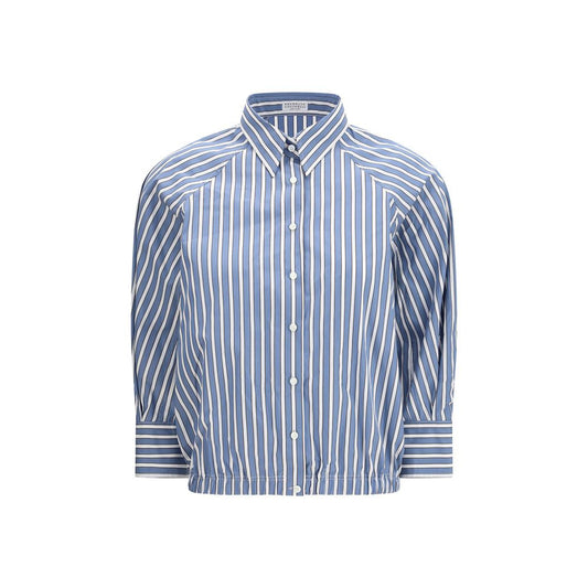 Brunello Cucinelli Blue & White Shadow Stripe Poplin Shirt