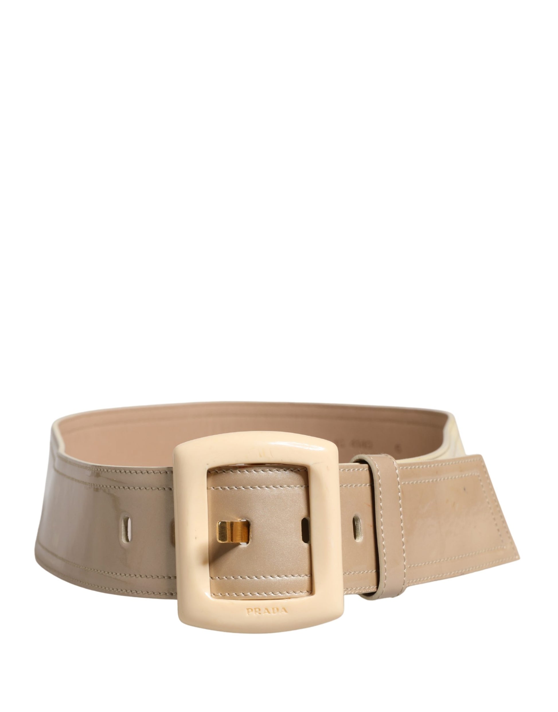 Prada Beige Leather Logo Wide Waist Women Square Buckle Belt