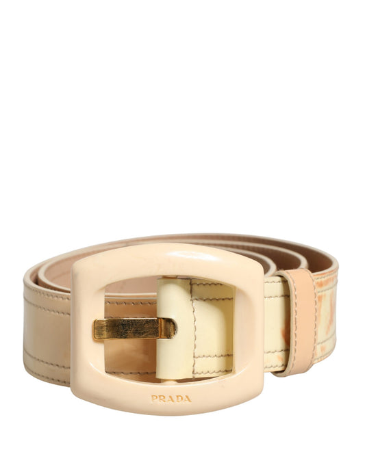 Prada Beige Leather Logo Wide Waist Women Square Buckle Belt
