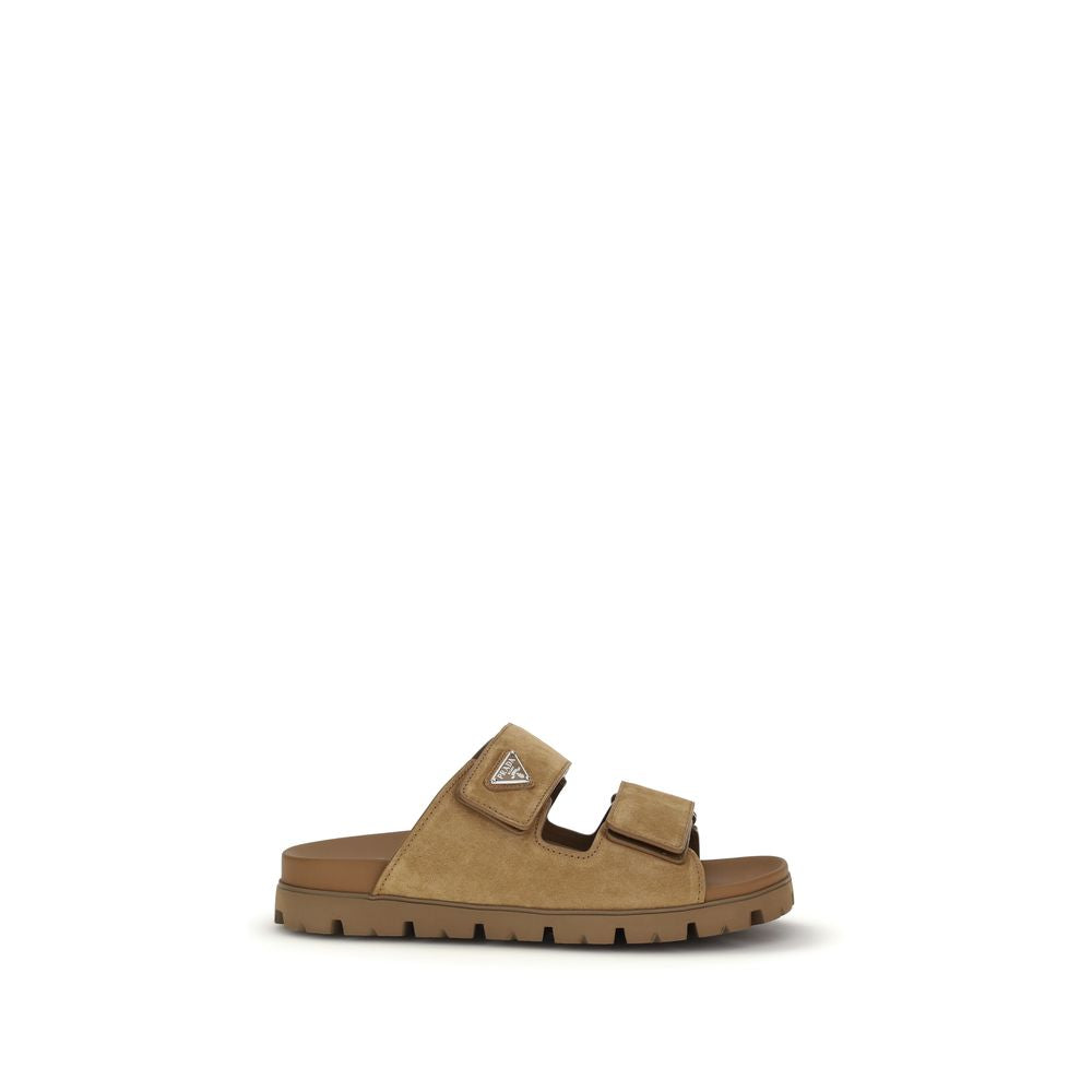 Prada Brown Calf Leather Suede Band Sandals