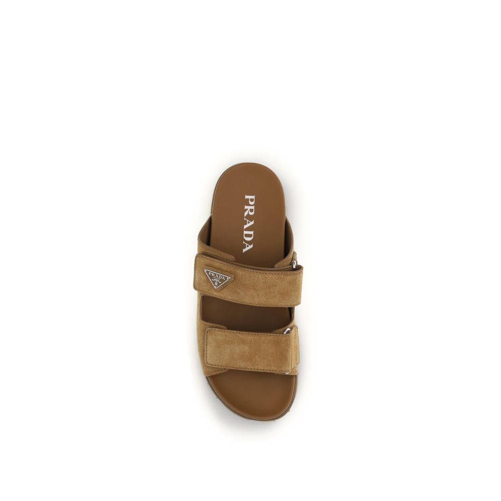 Prada Brown Calf Leather Suede Band Sandals
