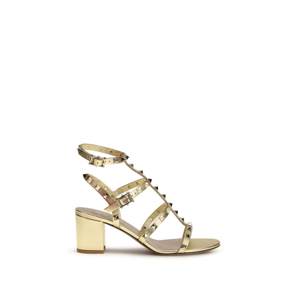 Valentino Garavani Metallic Gold Calf Leather Rockstud Heeled Sandals