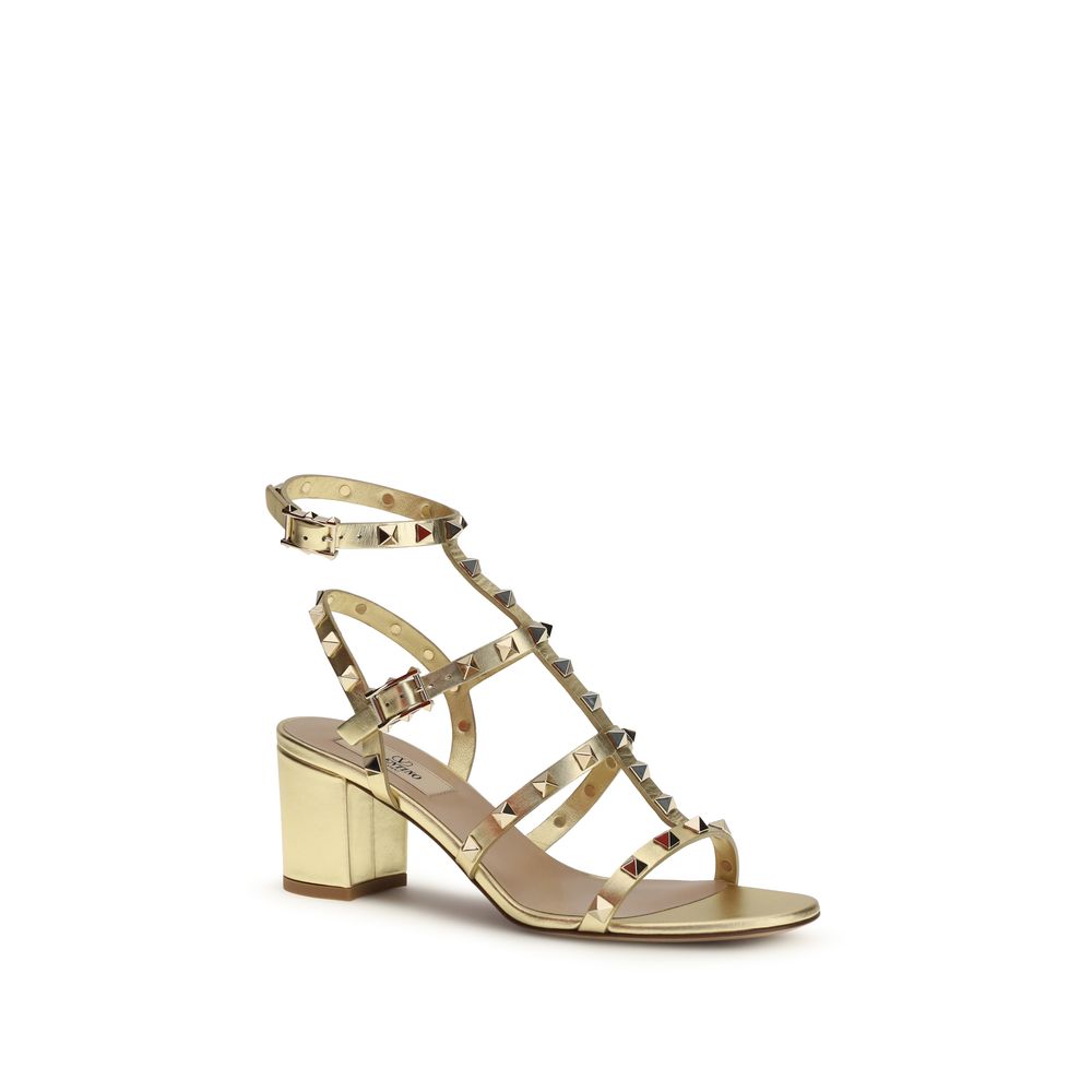 Valentino Garavani Metallic Gold Calf Leather Rockstud Heeled Sandals