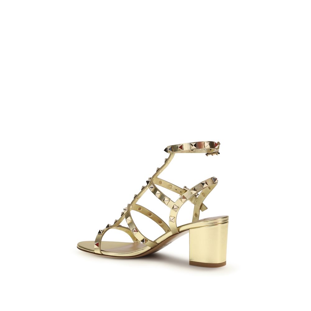 Valentino Garavani Metallic Gold Calf Leather Rockstud Heeled Sandals