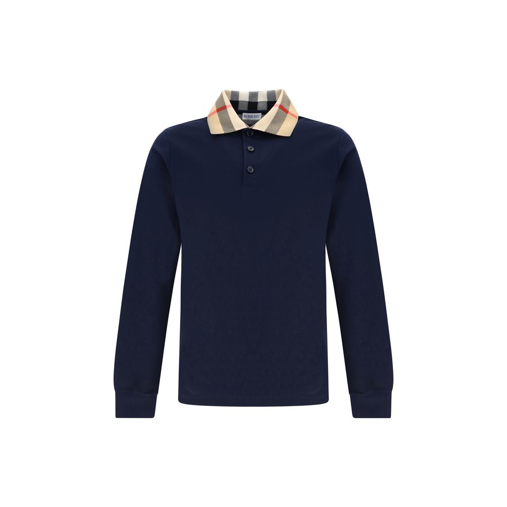 Burberry Blue Cotton Check Collar Long Sleeved Cody Polo Shirt