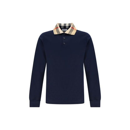 Burberry Blue Cotton Check Collar Long Sleeved Cody Polo Shirt