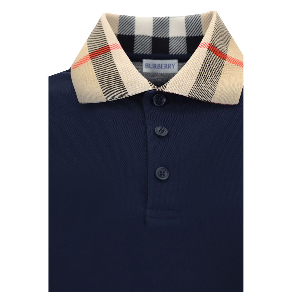Burberry Blue Cotton Check Collar Long Sleeved Cody Polo Shirt