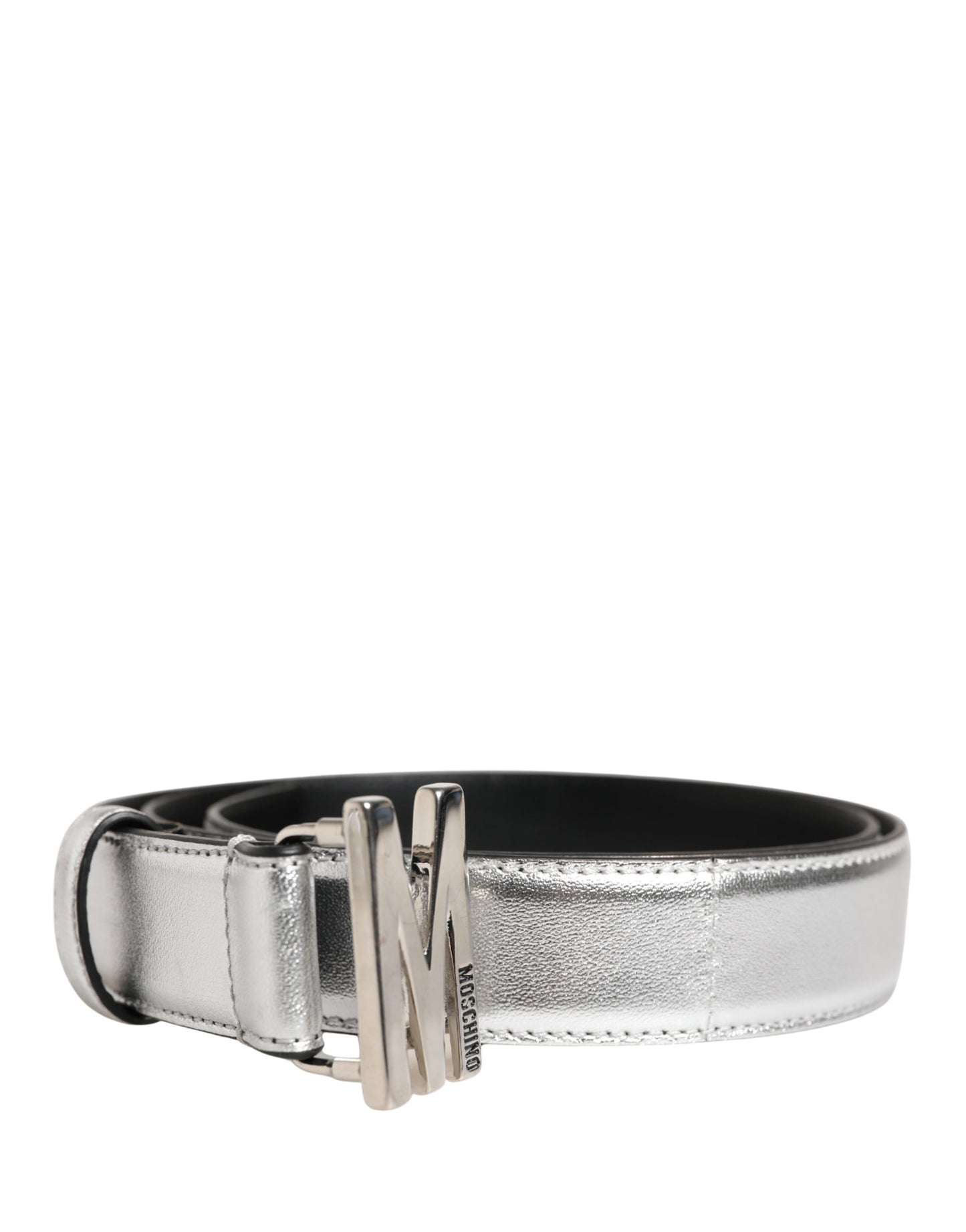 Moschino Couture Silver Leather Logo Metal Buckle Waist Belt