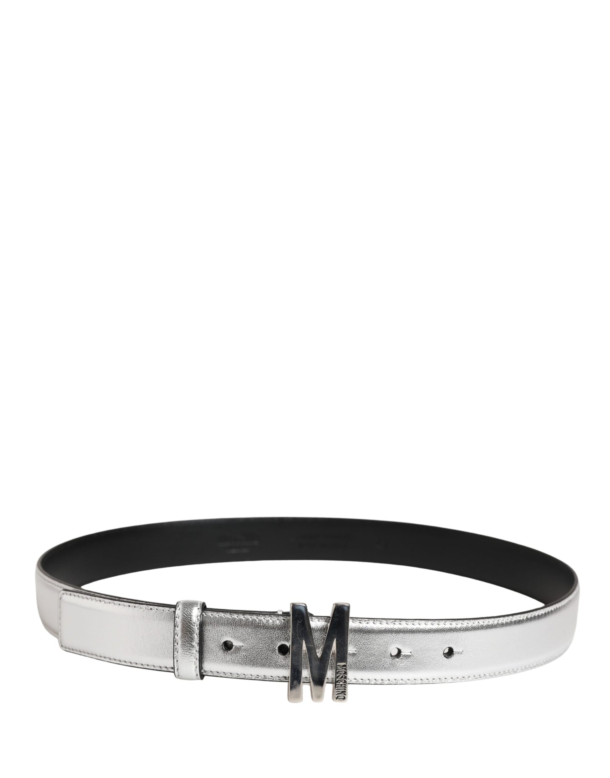 Moschino Couture Silver Leather Logo Metal Buckle Waist Belt