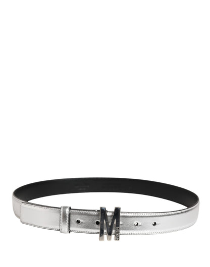 Moschino Couture Silver Leather Logo Metal Buckle Waist Belt