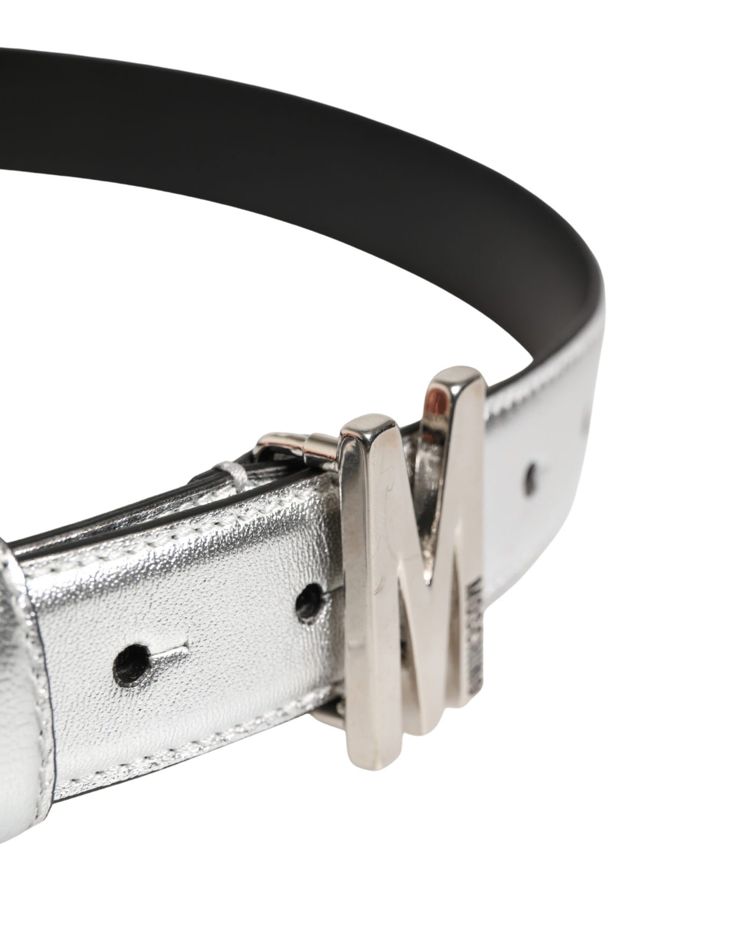 Moschino Couture Silver Leather Logo Metal Buckle Waist Belt