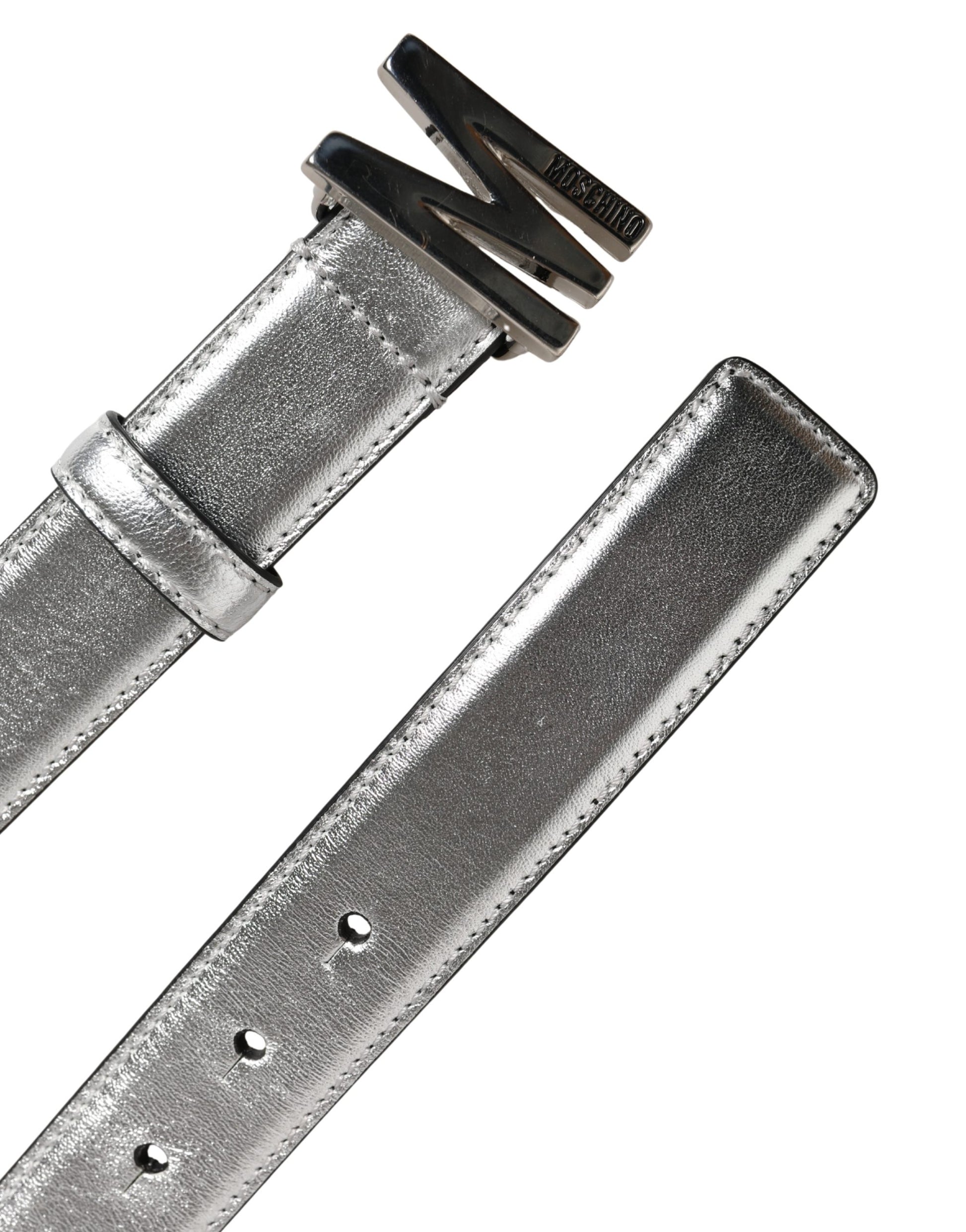 Moschino Couture Silver Leather Logo Metal Buckle Waist Belt