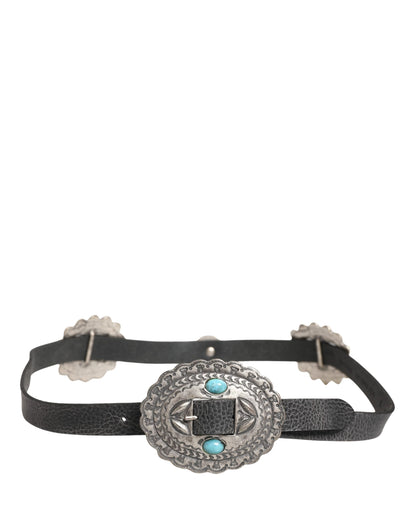 Cavalli Class Black Turquoise Leather Embellished Oval Buckle Belt