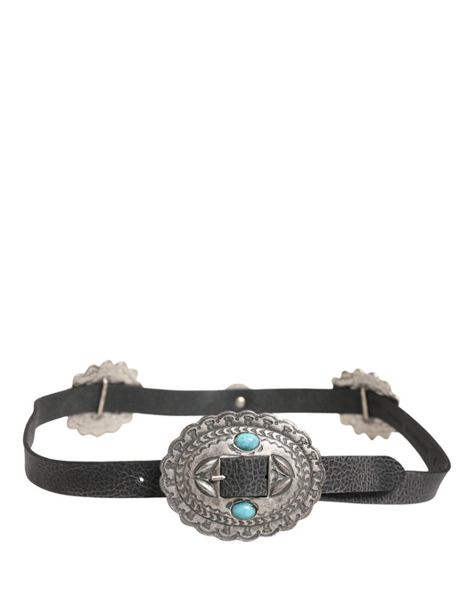 Cavalli Class Black Turquoise Leather Embellished Oval Buckle Belt