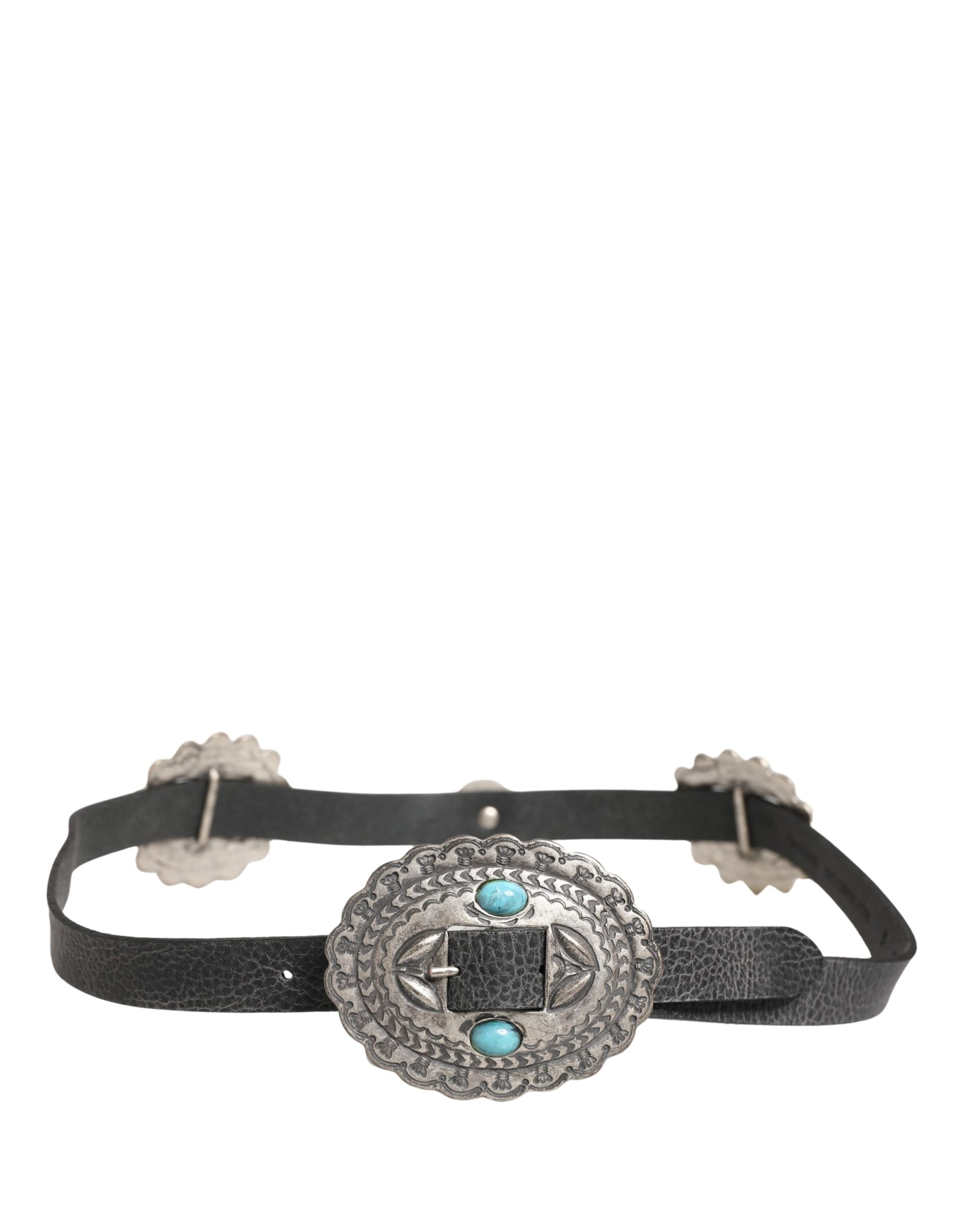 Cavalli Class Black Turquoise Leather Embellished Oval Buckle Belt