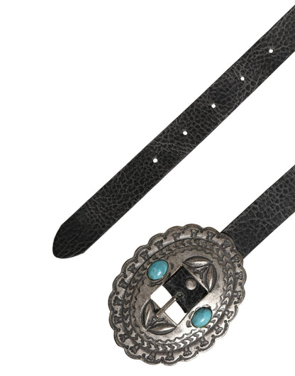 Cavalli Class Black Turquoise Leather Embellished Oval Buckle Belt