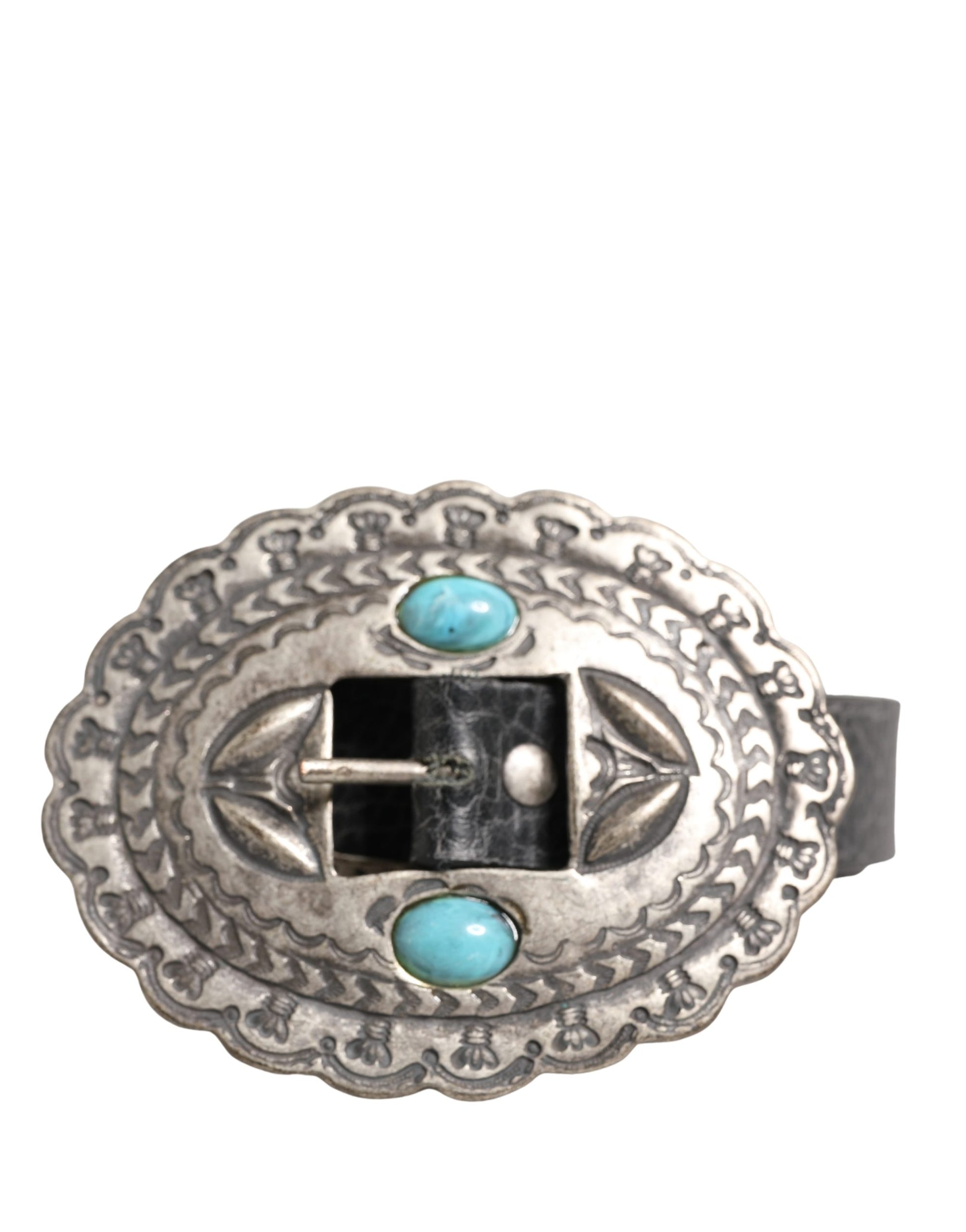 Cavalli Class Black Turquoise Leather Embellished Oval Buckle Belt