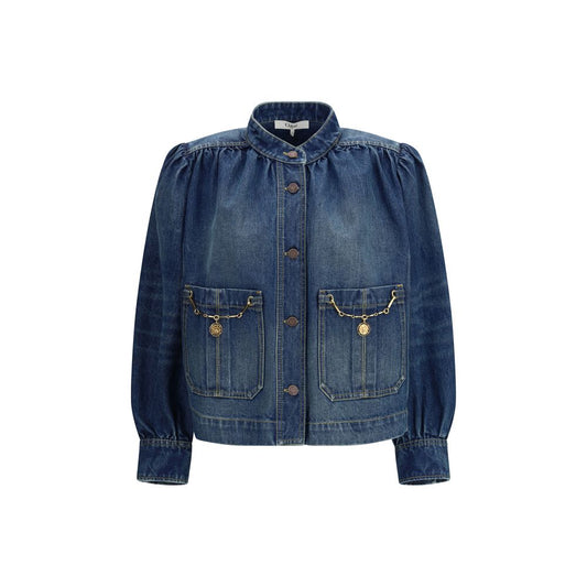 Chloé Blue Cotton Denim Gathered High-Neck Jacket