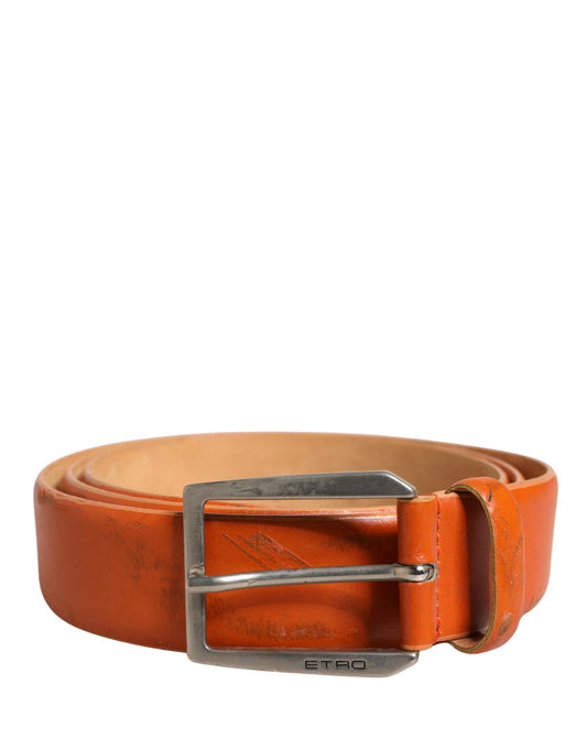 ETRO Orange Genuine Leather Waist Belt with Silver Metal Buckle - Minor Defects