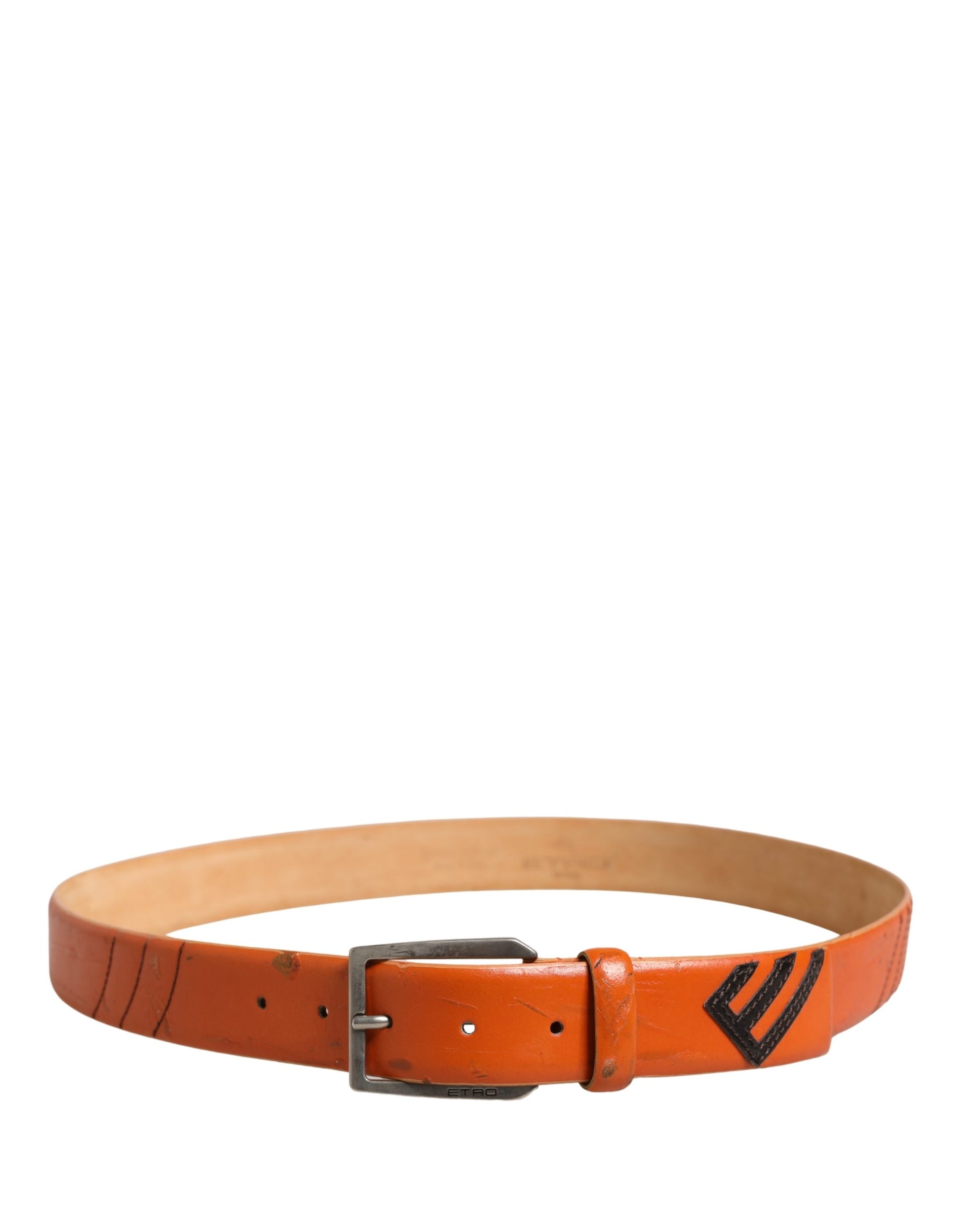 ETRO Orange Genuine Leather Waist Belt with Silver Metal Buckle - Minor Defects