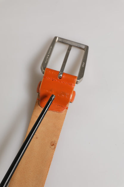 ETRO Orange Genuine Leather Waist Belt with Silver Metal Buckle - Minor Defects