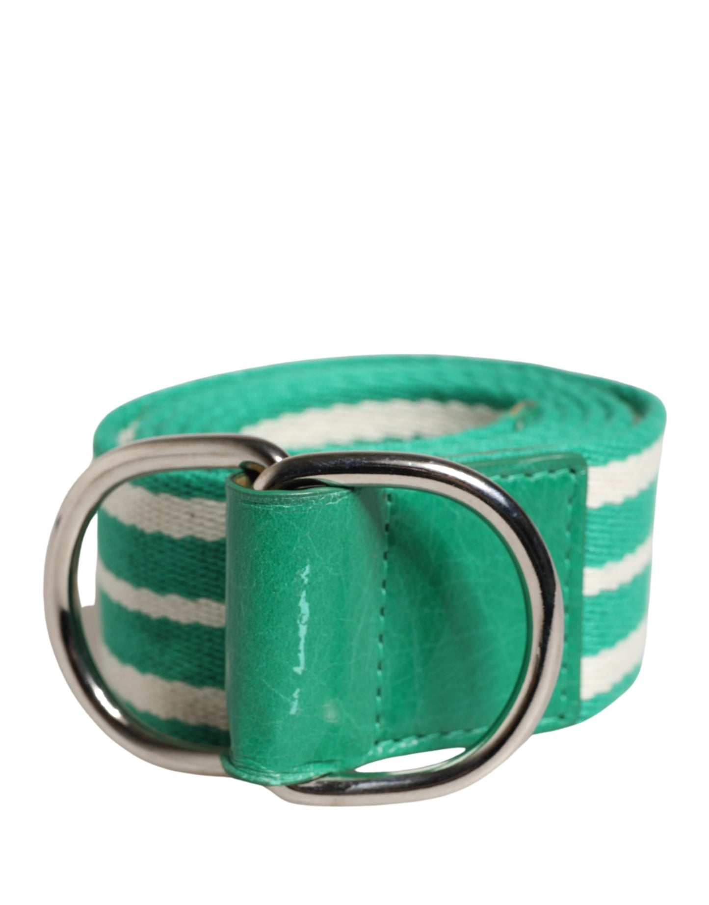 Red Valentino White and Green Striped Canvas Belt with Silver Metal Buckle - Minor Defect