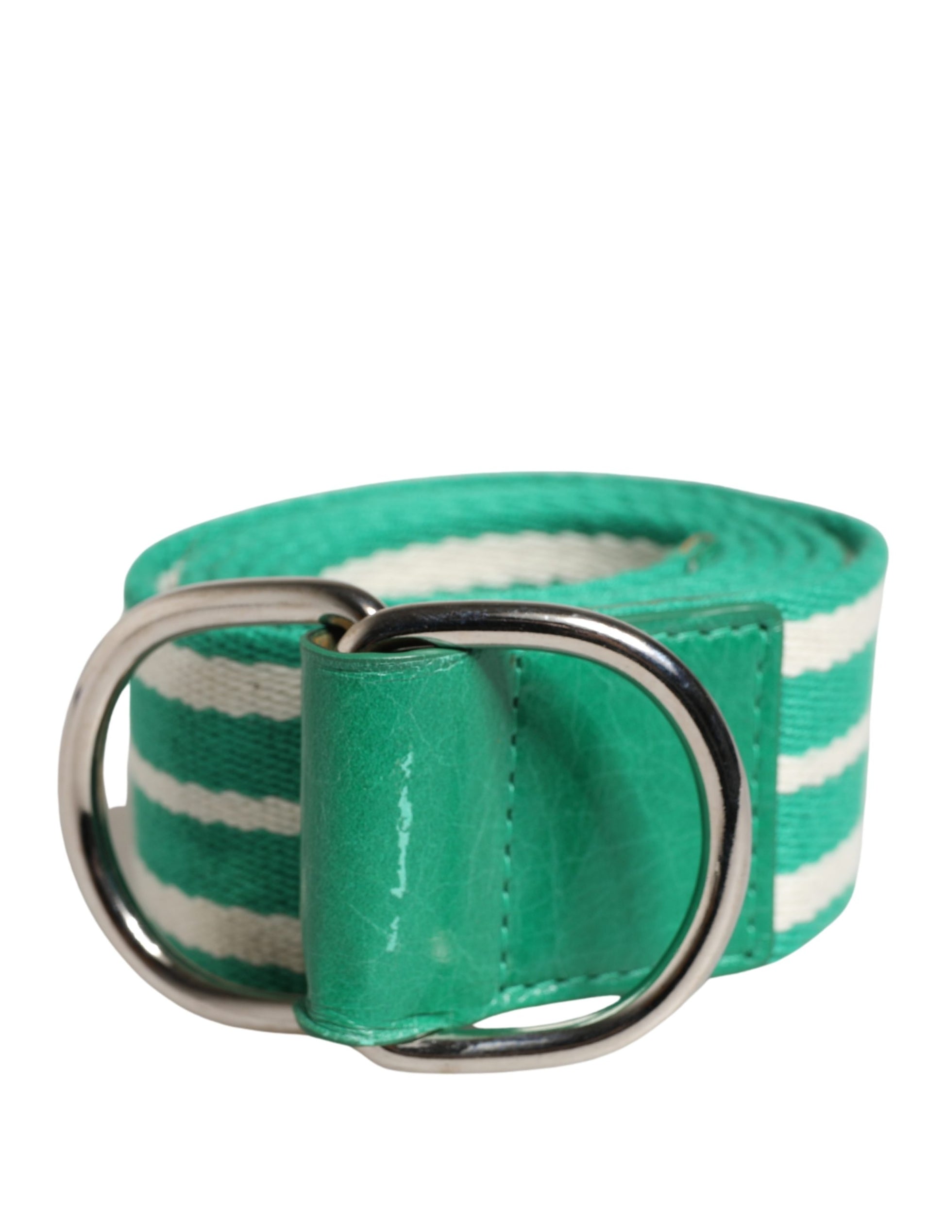 Red Valentino White and Green Striped Canvas Belt with Silver Metal Buckle - Minor Defect