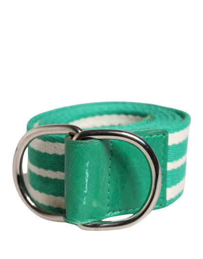 Red Valentino White and Green Striped Canvas Belt with Silver Metal Buckle - Minor Defect