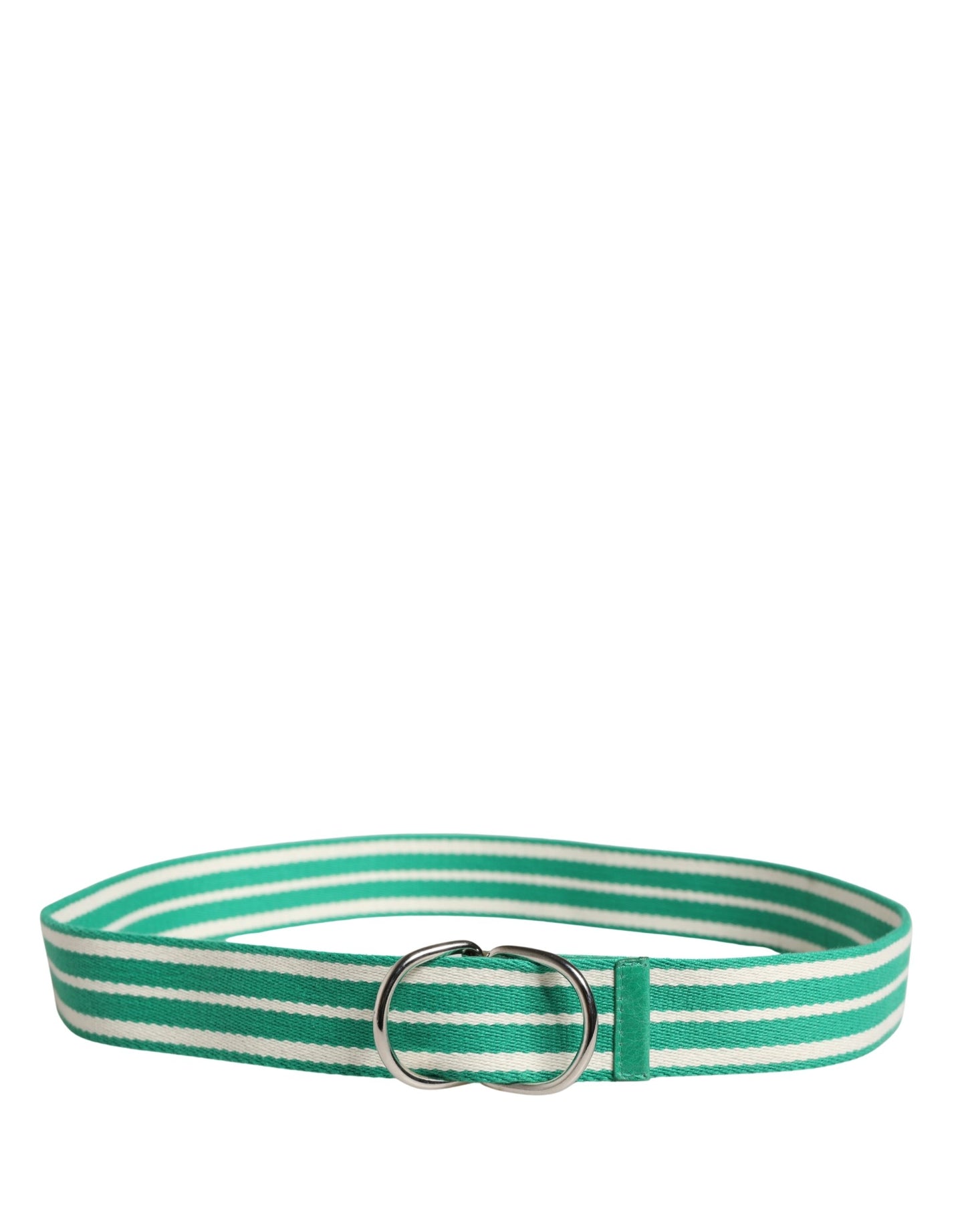 Red Valentino White and Green Striped Canvas Belt with Silver Metal Buckle - Minor Defect