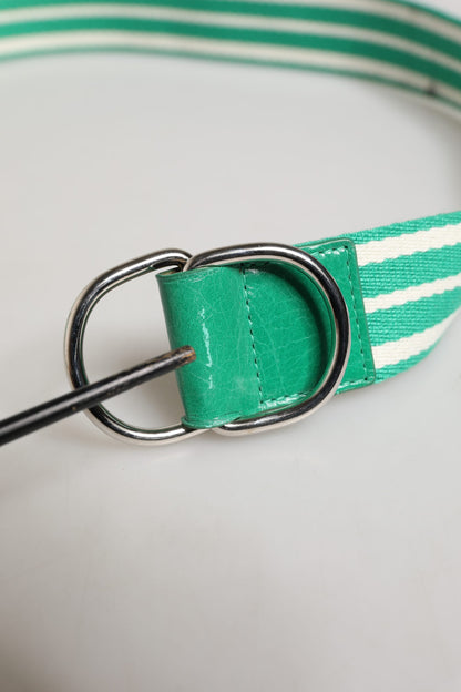 Red Valentino White and Green Striped Canvas Belt with Silver Metal Buckle - Minor Defect