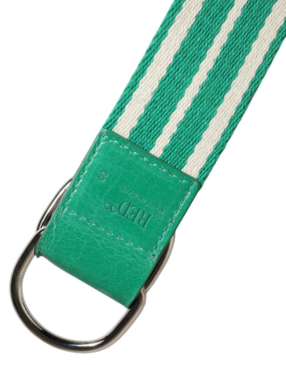 Red Valentino White and Green Striped Canvas Belt with Silver Metal Buckle - Minor Defect