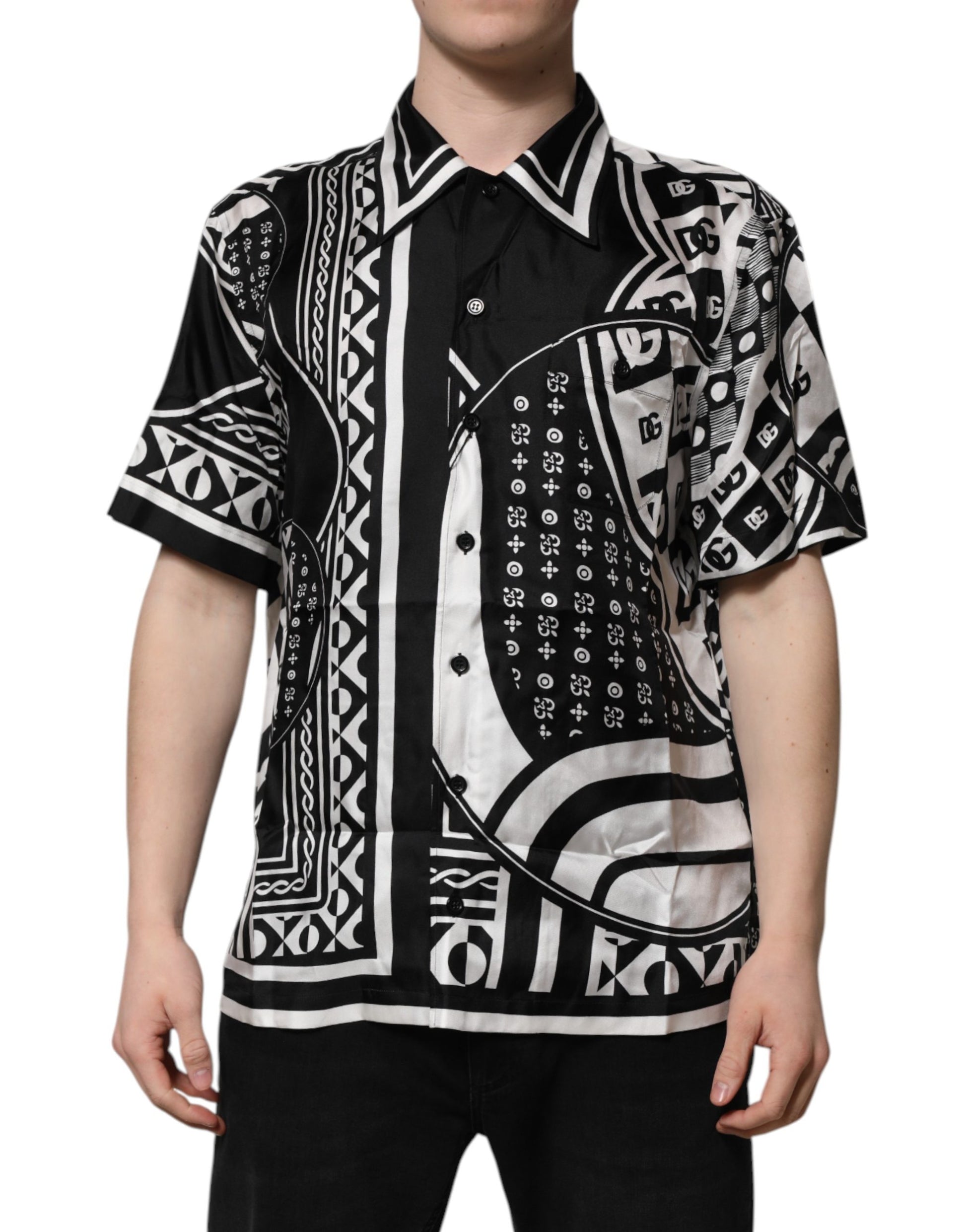 Dolce & Gabbana Black Silk Logo Print Short Sleeves Shirt - New with Minor Defect
