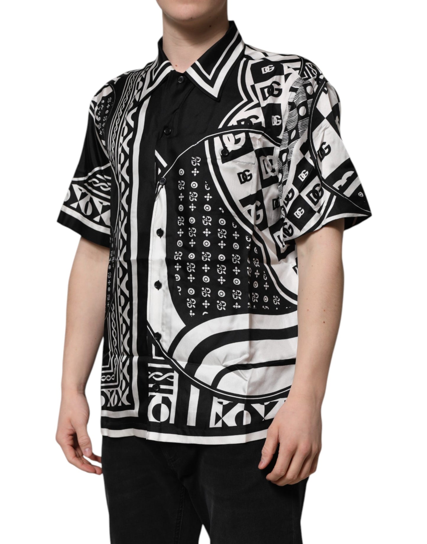 Dolce & Gabbana Black Silk Logo Print Short Sleeves Shirt - New with Minor Defect