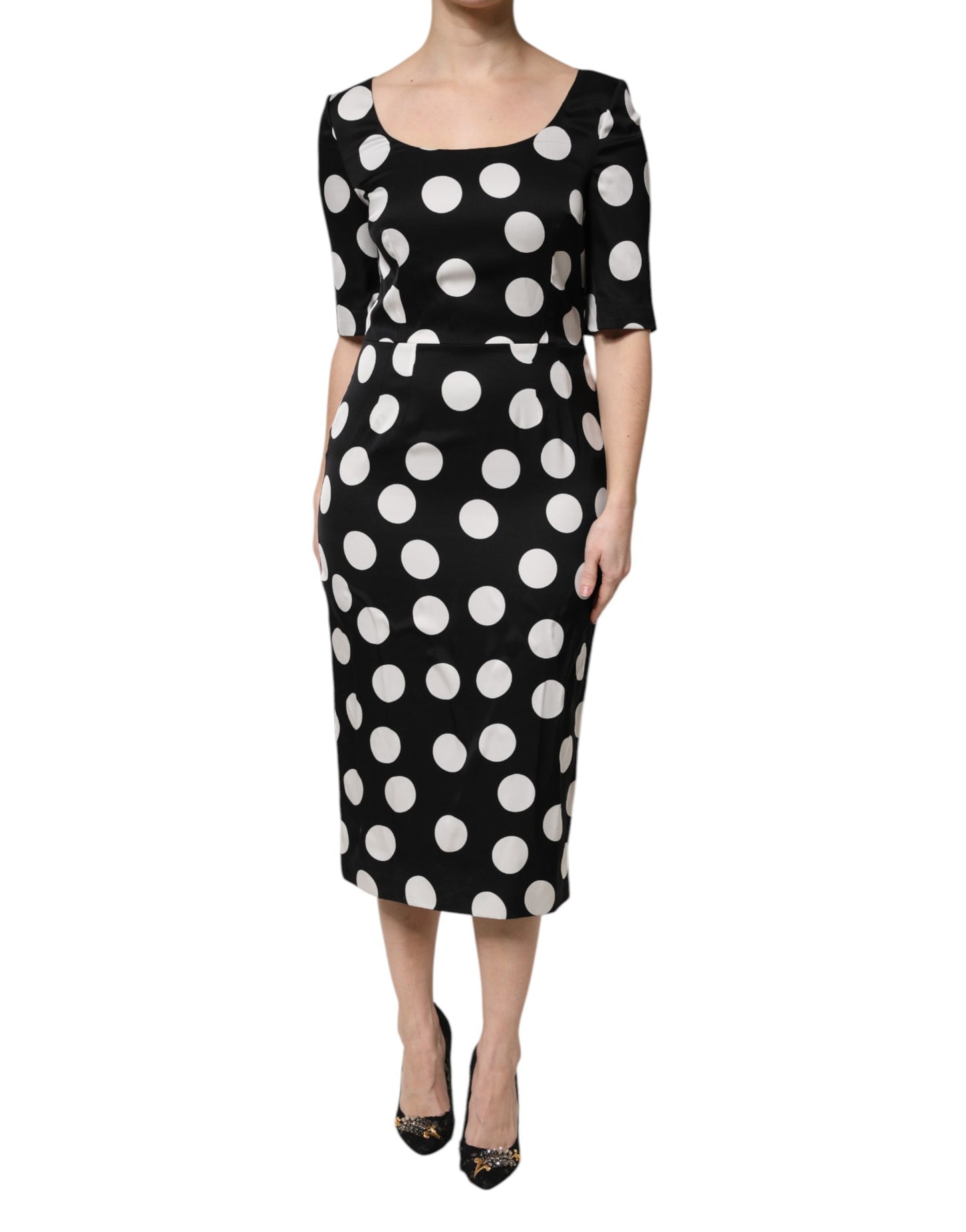 Dolce & Gabbana Black & White Polka Dot Silk Sheath Midi Dress