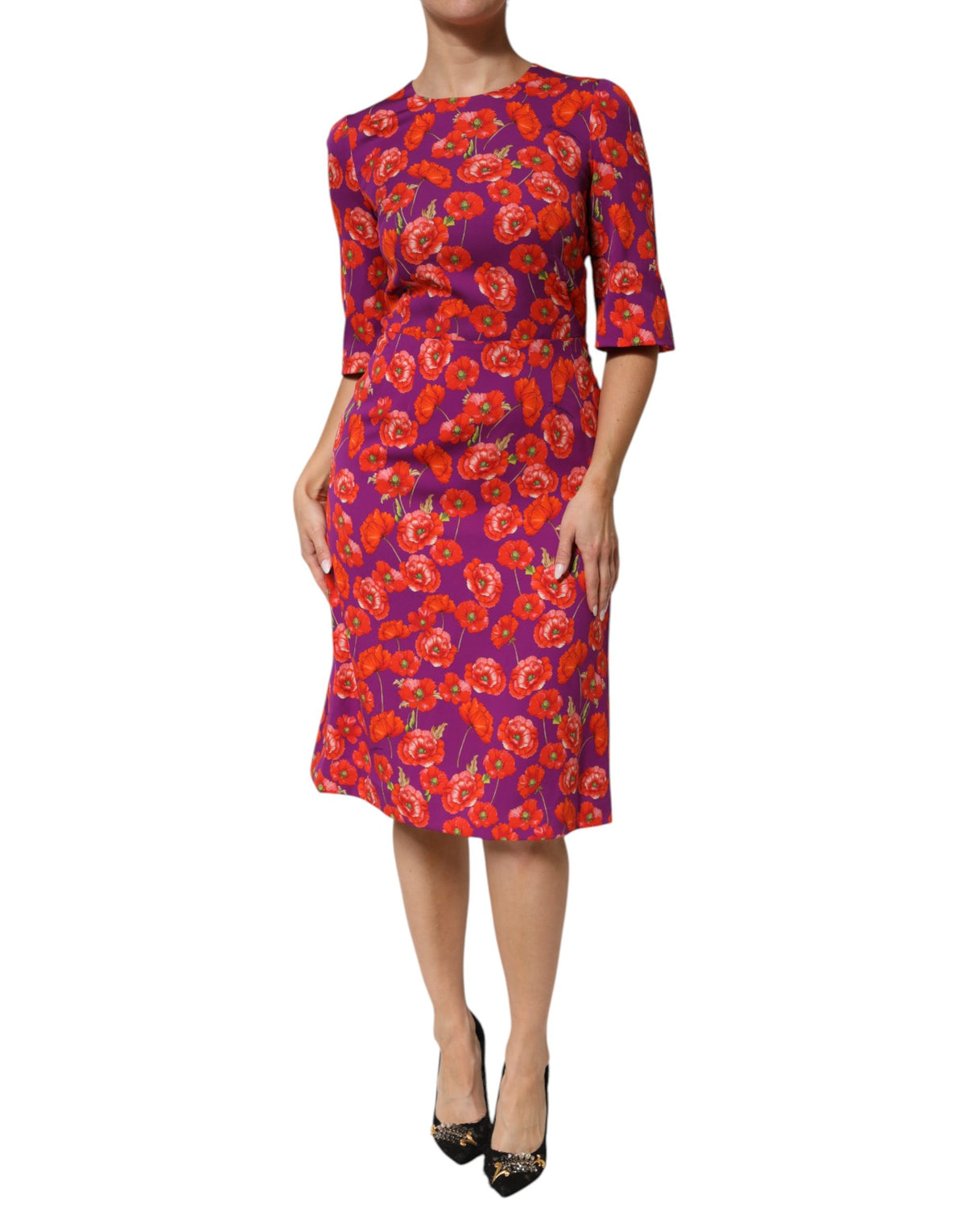 Dolce & Gabbana Poppy-Print Charmeuse Midi Dress