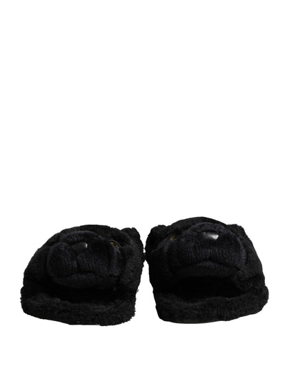 Dolce & Gabbana Black Faux Fur Panther Plush Flat Slides - Preowned Condition