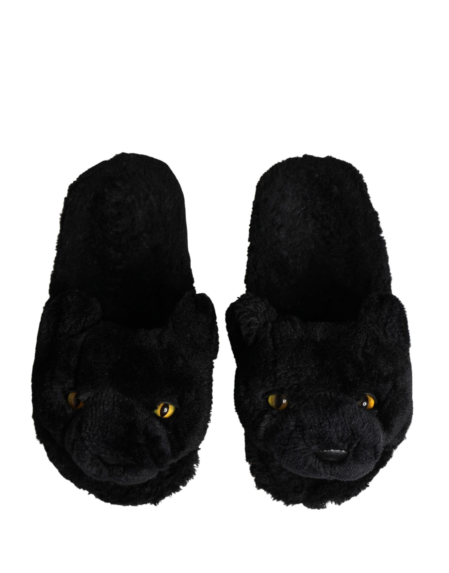 Dolce & Gabbana Black Faux Fur Panther Plush Flat Slides - Preowned Condition