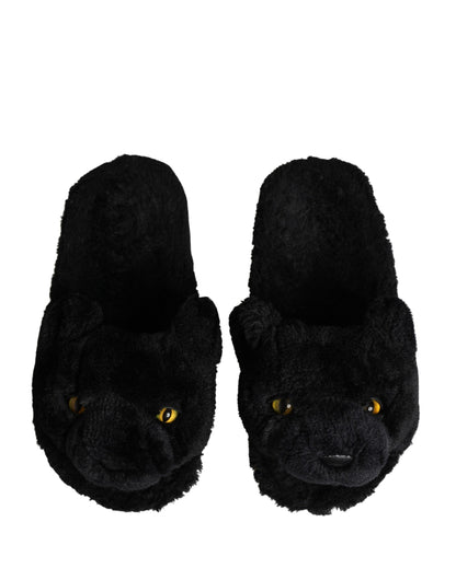 Dolce & Gabbana Black Faux Fur Panther Plush Flat Slides - Preowned Condition