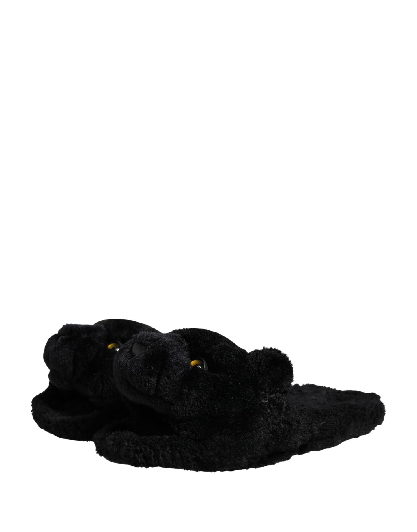 Dolce & Gabbana Black Faux Fur Panther Plush Flat Slides - Preowned Condition