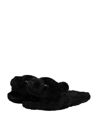 Dolce & Gabbana Black Faux Fur Panther Plush Flat Slides - Preowned Condition