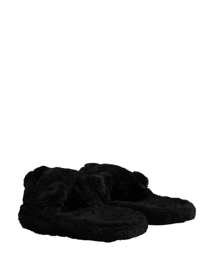 Dolce & Gabbana Black Faux Fur Panther Plush Flat Slides - Preowned Condition