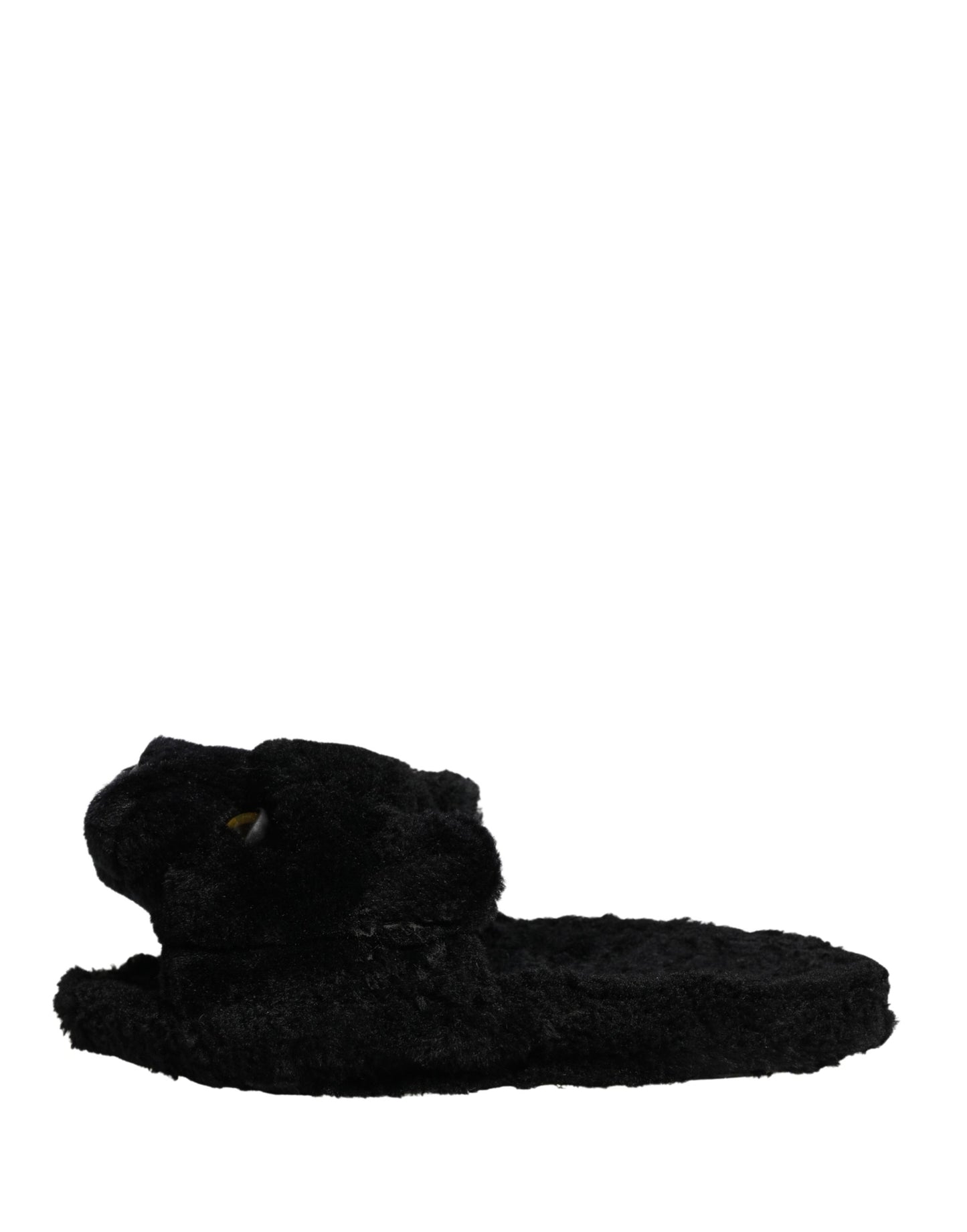 Dolce & Gabbana Black Faux Fur Panther Plush Flat Slides - Preowned Condition