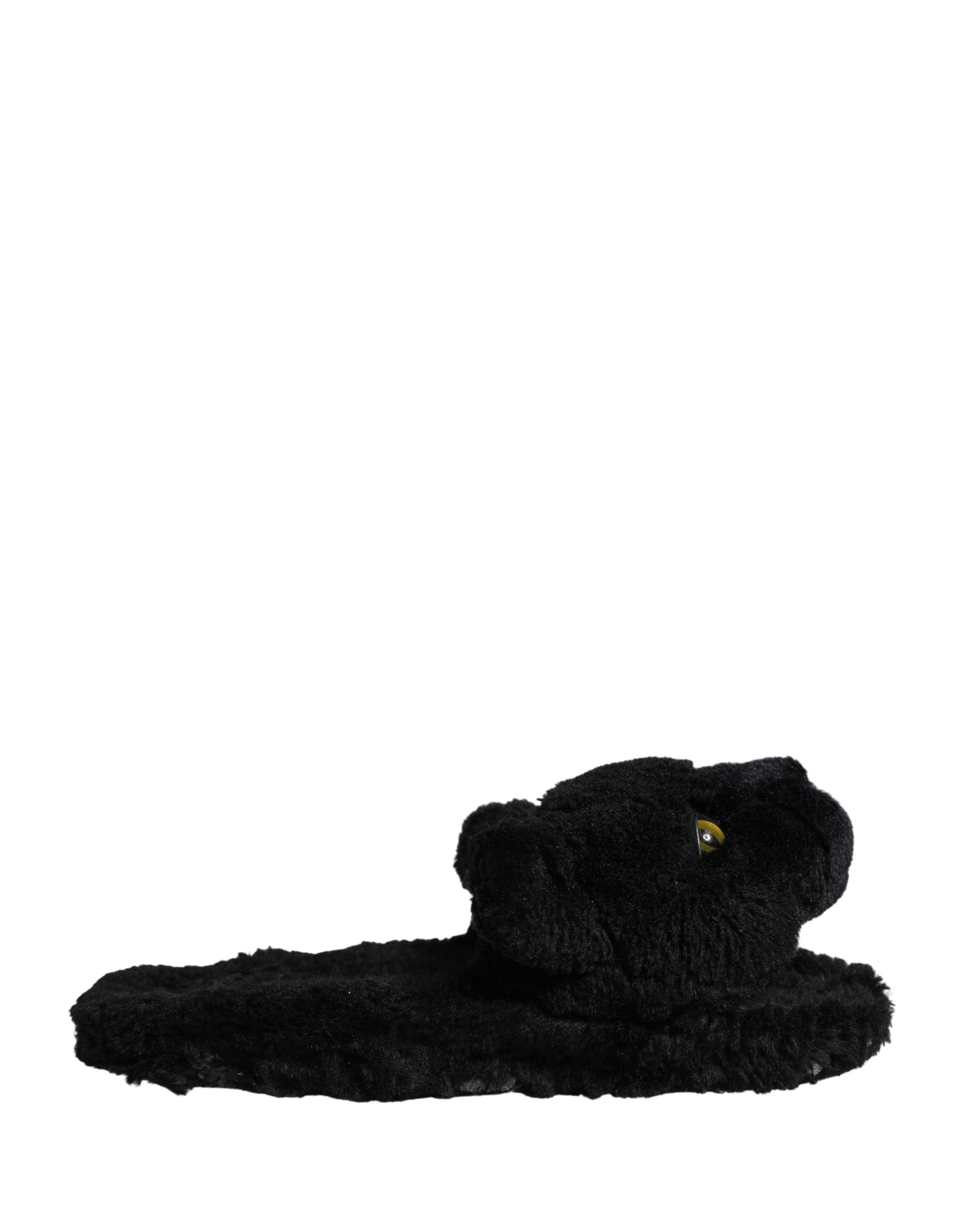 Dolce & Gabbana Black Faux Fur Panther Plush Flat Slides - Preowned Condition