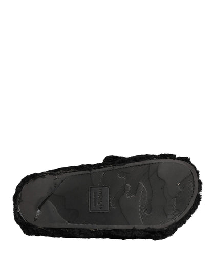 Dolce & Gabbana Black Faux Fur Panther Plush Flat Slides - Preowned Condition