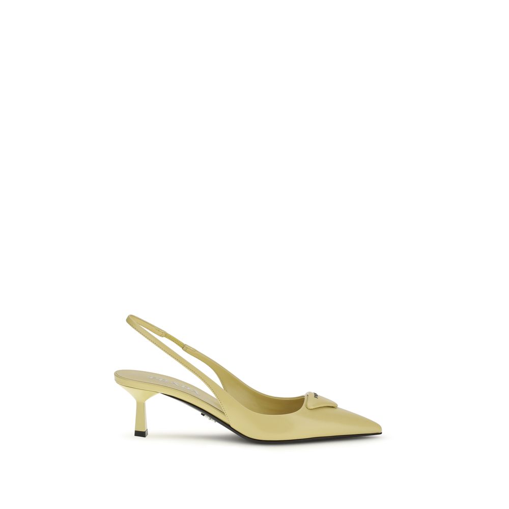 Prada Yellow Leather Logo-Plaque Pointed-Toe Slingback Pump
