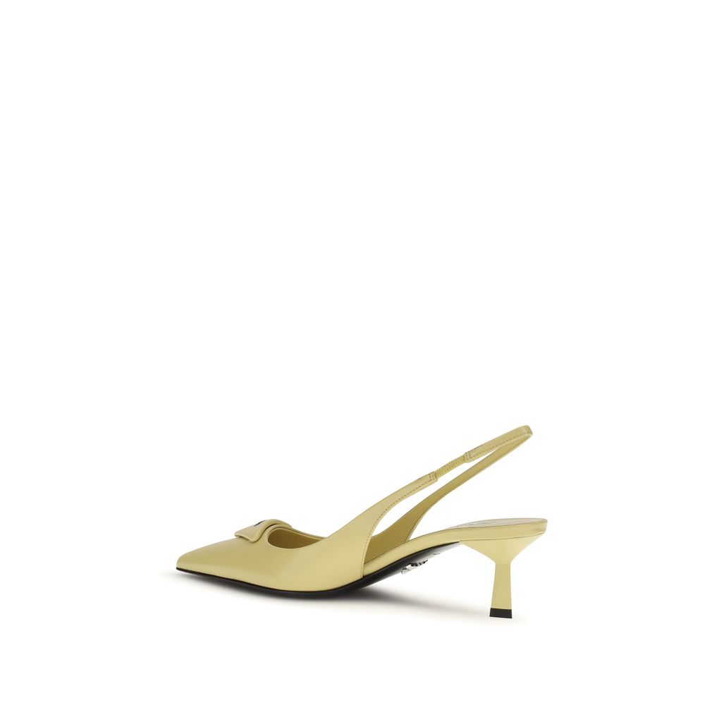 Prada Yellow Leather Logo-Plaque Pointed-Toe Slingback Pump
