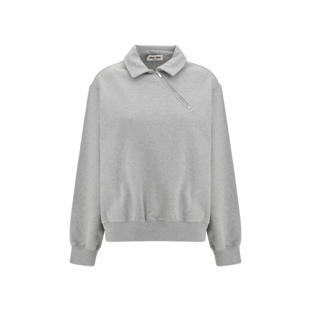 Miu Miu Gray Cotton Sweatshirt with Oblique Zip Closure