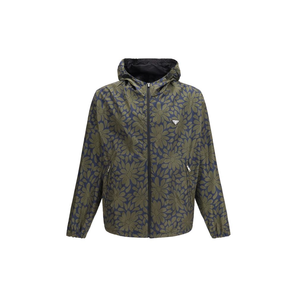 Prada Re-Nylon Reversible Black & Daisy Flower Print Hooded Windbreaker Jacket