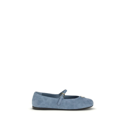 Prada Blue Goatskin Triangle Logo Suede Ballerinas