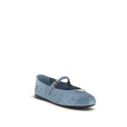 Prada Blue Goatskin Triangle Logo Suede Ballerinas